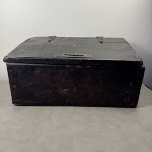 Vintage Primitive Wood Tool Chest Box Black Painted Slant Lid Trunk Storage